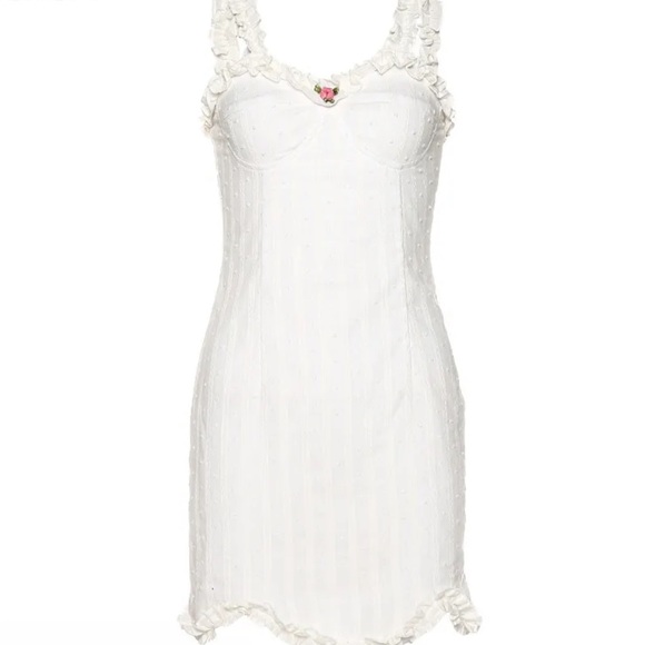 🆕WHITE RUFFLE STRAP POLKA DOT MINI DRESS WITH PINK ROSE - Picture 5 of 7